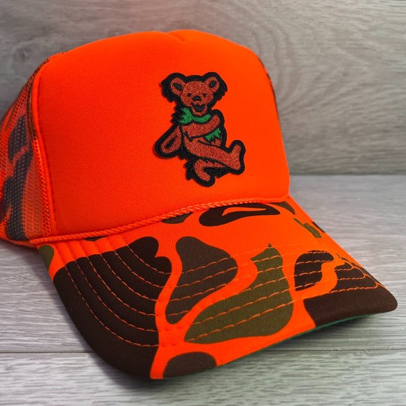NEW VINTAGE STYLE GRATEFUL DEAD ORANGE BEAR ORANGE CAMO TRUCKER HAT CAP … - Picture 1 of 2